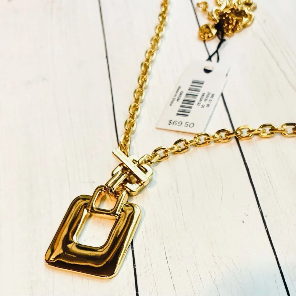 NEW NWT Talbots Gold Square Pendant Toggle Long Necklace Minimalist $69.50 Tag - Picture 2 of 4